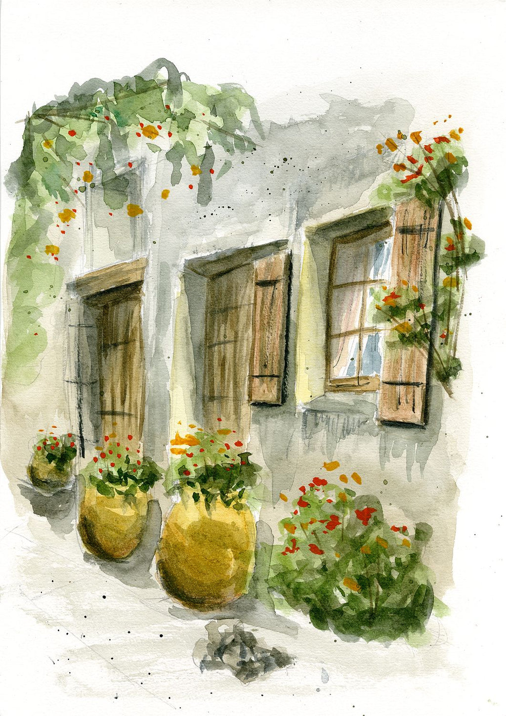 La Provenza · Lámina giclée de acuarela, fachada con contraventanas y macetas