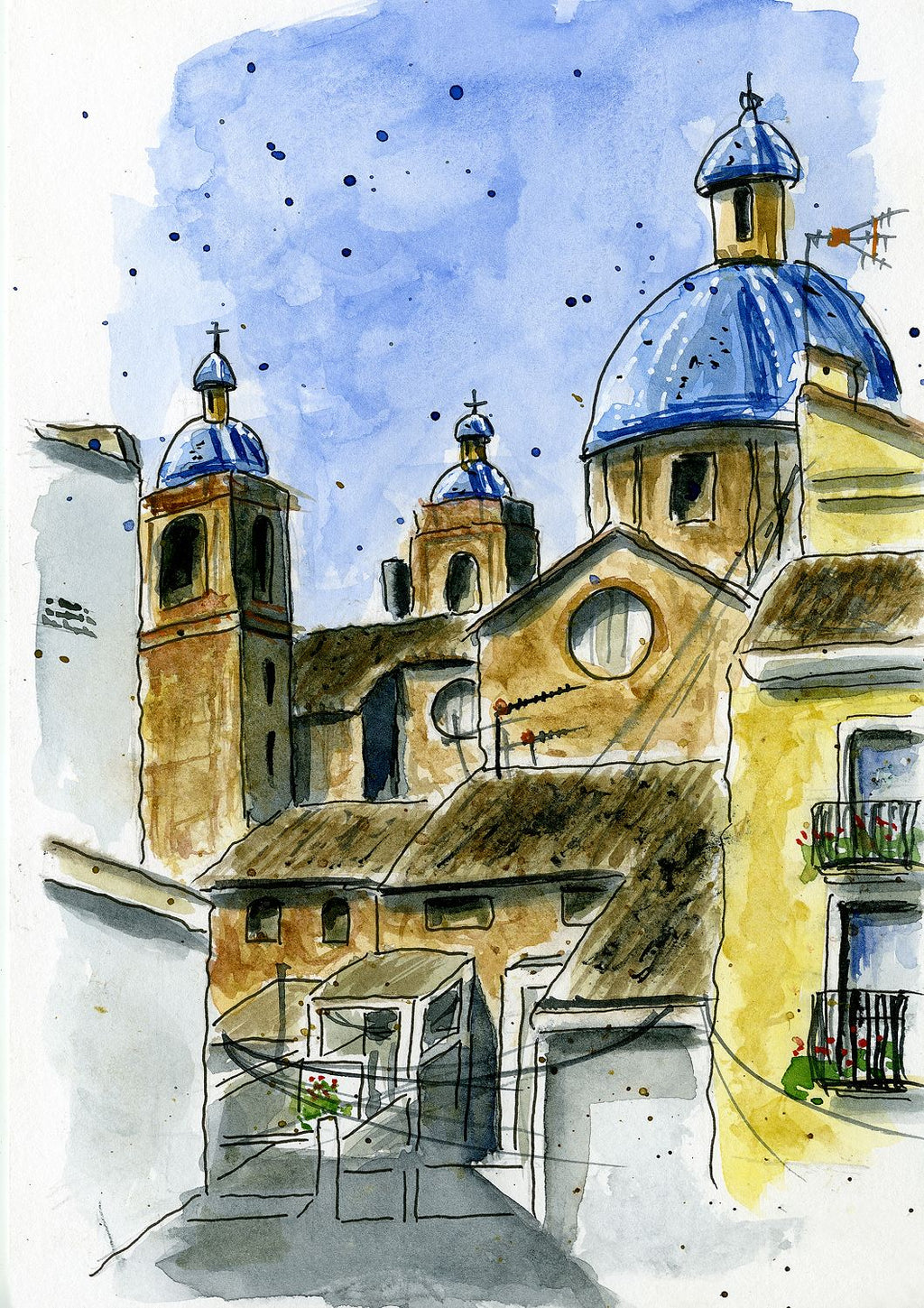 La iglesia de Sot de Ferrer · Lámina giclée de acuarela, cúpulas azules, Castellón