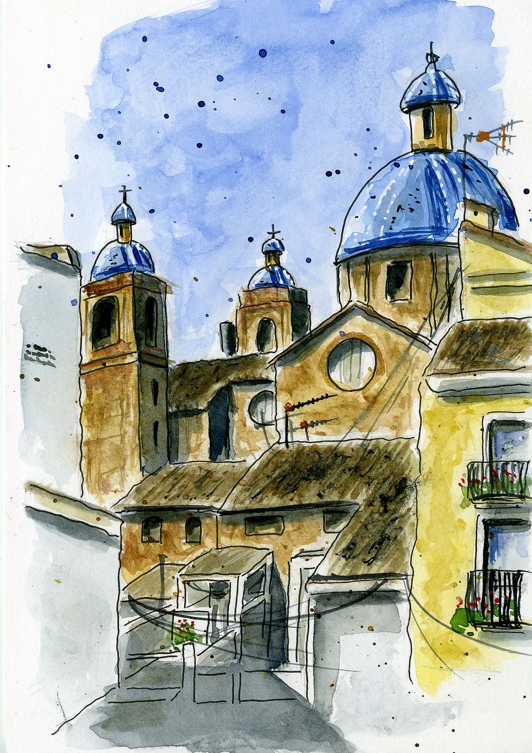 La iglesia de Sot de Ferrer · Lámina giclée de acuarela, cúpulas azules, Castellón