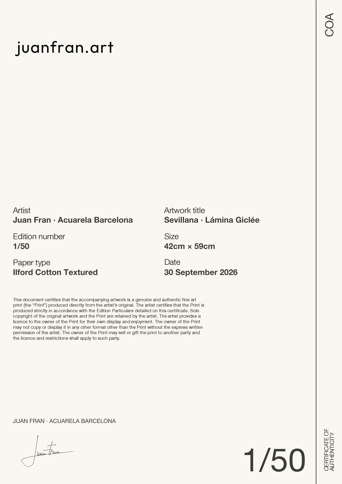 Sevillana · Certificado de autenticidad