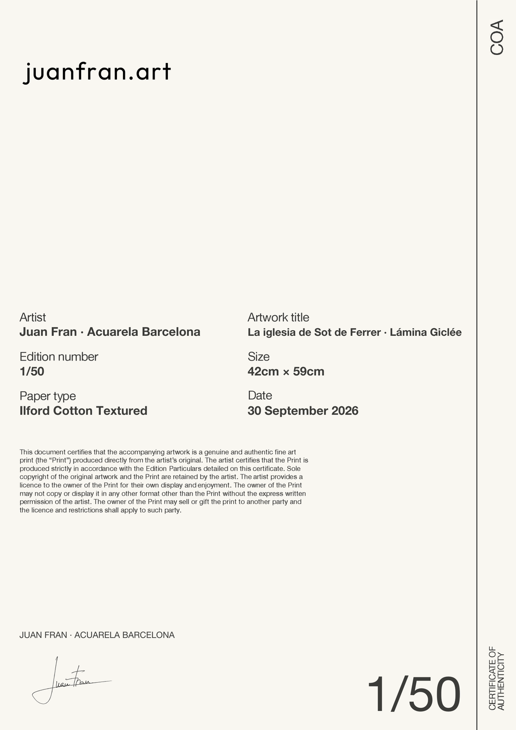 La iglesia de Sot de Ferrer · Certificado de autenticidad